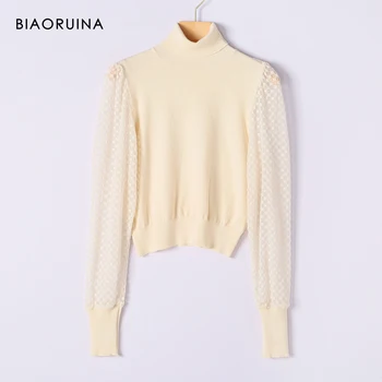 

BIAORUINA Women's Fashion Knitted Turtleneck Thin Sweater Patchwork Hollow Out Lace Sleeve Office Lady Elegant Pullover