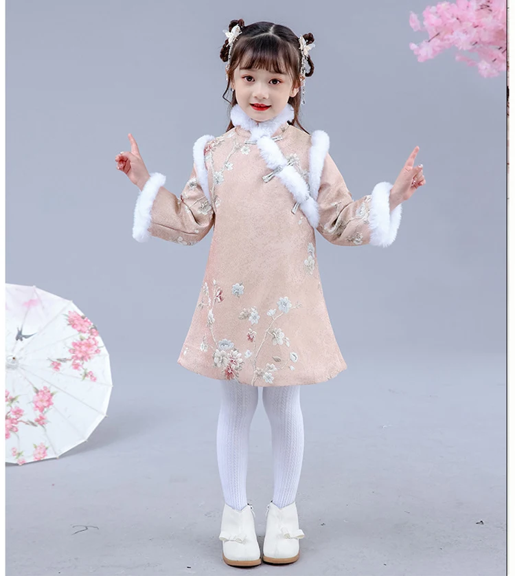 Hanfu/платье Чонсам для девочек зимнее теплое детское платье детское рождественское платье розового и синего цвета Новогодняя одежда принцессы
