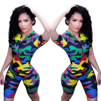 

2020 hot camouflage one-piece sexy women's tight-fitting short-sleeved shorts jumpsuit sports running clothes
