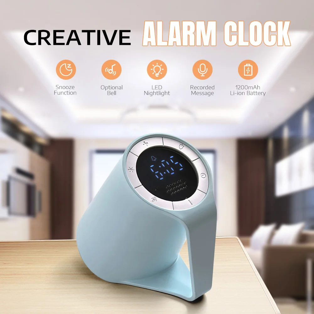

2019 Creative Alarm Clock 1200mAh Rechargeable Battery Recorded Message Snooze Function Adjustable LED Light Desk Table Clocks