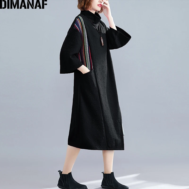 DIMANAF женское платье большого размера, винтажное осенне-зимнее плотное хлопковое женское свободное платье с высоким воротом и карманами