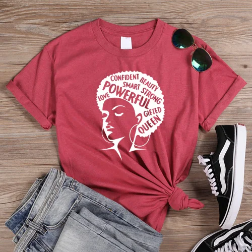 HeatherRed-White Афро леди Графический футболки для феминисток тройники черная девушка Волшебная футболка королева девушка мощные футболки рубашки женские винтажные меланин футболка - Цвет: HeatherRed-White