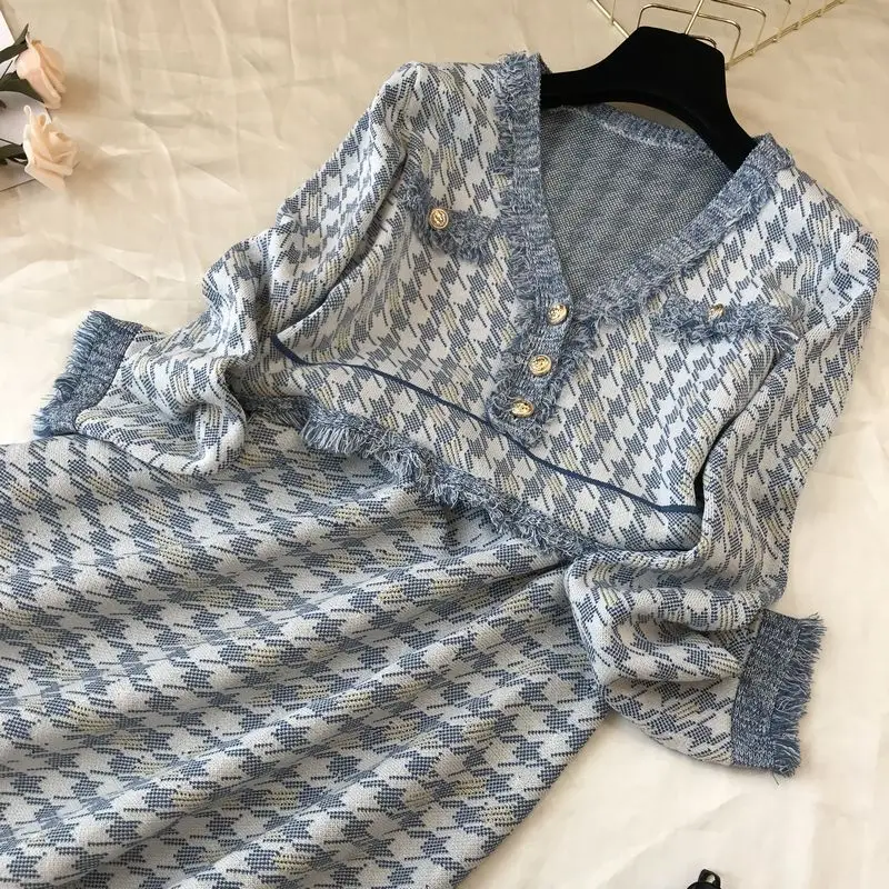 ALPHALMODA осеннее элегантное вязаное платье с v-образным вырезом и рисунком «гусиные лапки» с длинными рукавами, с высокой талией бахромой, с отделкой, модное Дамское Платье