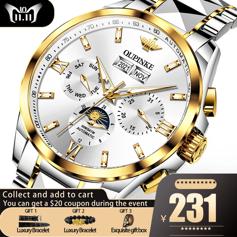 OUPINKE Luxury Watches For Men Automatic Mechanical Male Watch 50M Waterproof Sapphire Mirror Self Wind Up Wristwatch 1