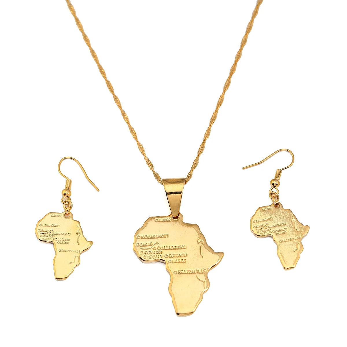 24 K Goud Kleur Messing Afrikaanse Kaart Ketting Oorbellen Voor Afrika Vrouwen Party Kaart Sieraden Set