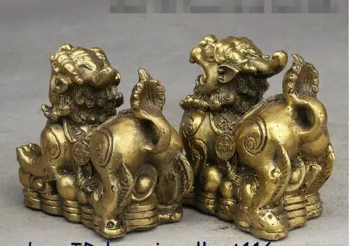 YM 306 China Fengshui Brass Yuanbao Money Ruyi Pixiu Unicorn Beast Wealth Statue Pair