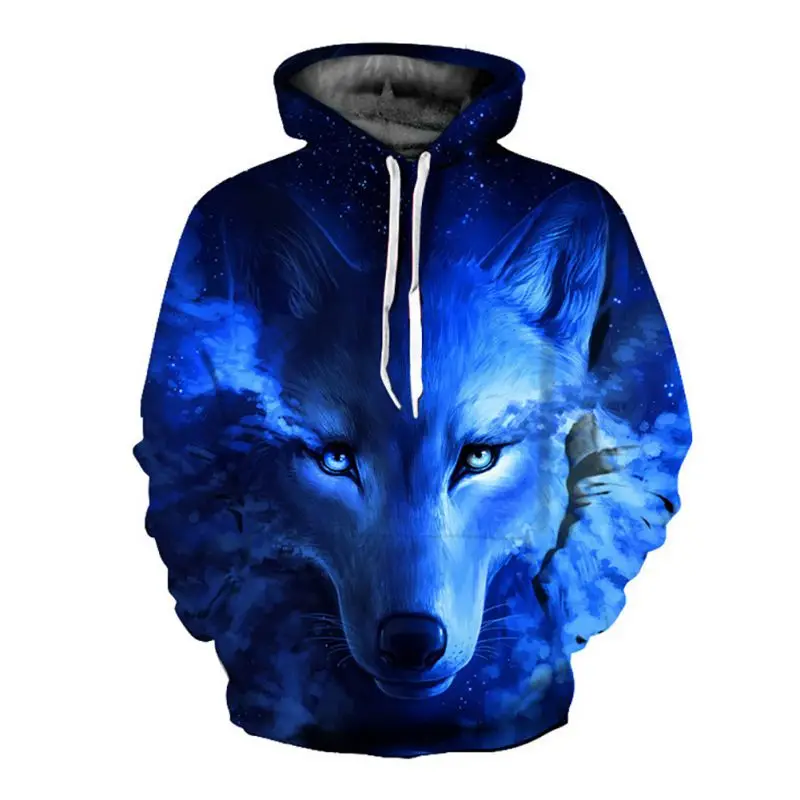  Men Athleisure Sweatshirts Loose Sport Hooded Hoodies Blue Rose Wolf 3D Print Sweatshirt S-3XL Hood