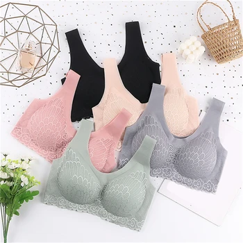 

Ladies Seamless Bra One Piece M-2XL Lace Patchwork Solid Color Women Daily Underwear Plush Up Non Adjustable Female Lingerie