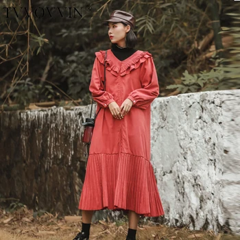 

Korea can ship spring new women clothes 2020 fashion ruffles patchwork pleated hem French Temperament Long Sleeve Dress YJ019