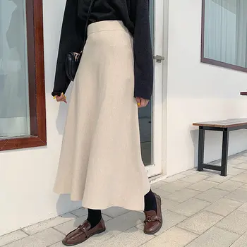 

HziriP Korea Students Thicken Loose Brief Elastic-Waist Gentle Female High Waist Women Knitted Streetwear All-Match Long Skirt
