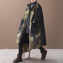 Женская новая осенняя и зимняя верхняя одежда большого размера плюс, литературный винтажный Тренч, Длинное свободное джинсовое пальто с принтом
