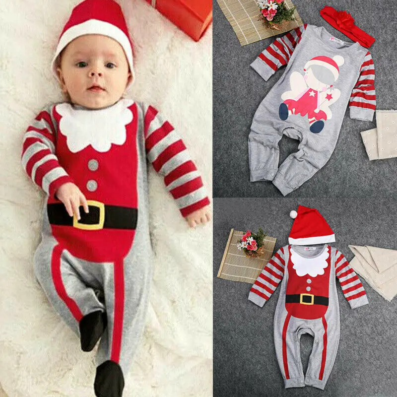 

Newborn Unisex Kid Boy Girl Rompers Christmas Striped Long Sleeve Print Jumpsuit Romper Xmas Outfit Set