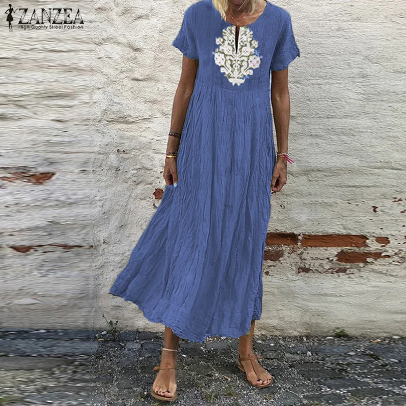 

ZANZEA Oversized Women Long Shirt Dress Vintage Embroidery Mid Calf Dress 2019 Fashion Ladies Summer Midi Vestidos Robe Femme