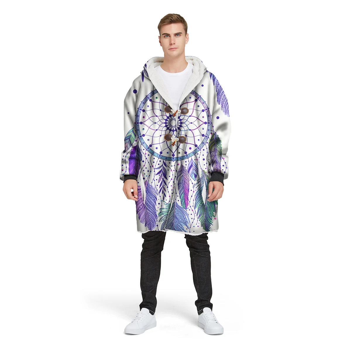 

2019 new brand 3D print custom design man's Sherpa coat loose long winter plus velvet jacket 100% polyester hooded warm CL29