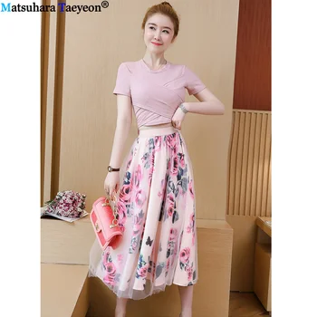 

Women Irregular T Shirt+Mesh Skirts Suits Bowknot Solid Tops Vintage Embroidery Floral Skirt Sets for Elegant Woman Skirts Set