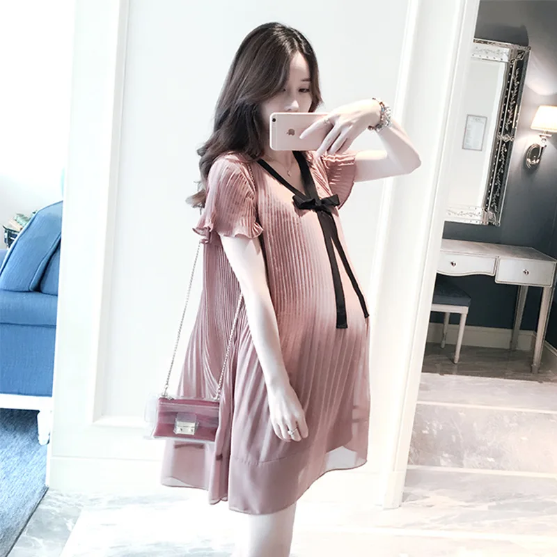 

2019 Fashion Maternity Clothes Summer New Style Pink Pleated Dress Korean-style Loose-Fit Mid-length Chiffon Maternity Dress