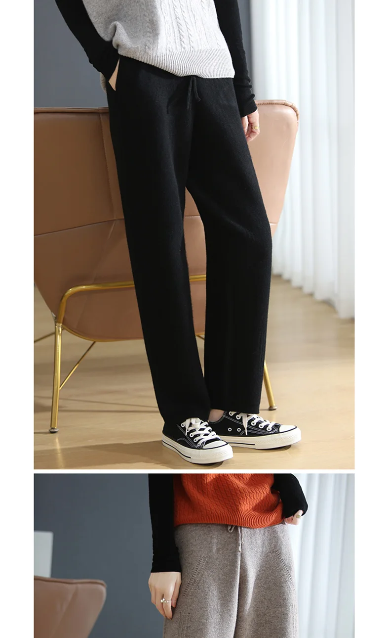 black pants Autumn And Winter 100 Pure Wool Casual Women's Knit Straight Leg Slimming Sweatpants Drawstring To Keep Warm And Fashionable capris women