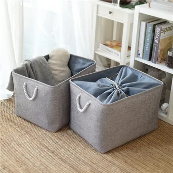 

Foldable Storage Finishing Box Portable Storage Box Drawstring Closure Gray Linen Storage Basket Quilt Clothing Toy Storage Box
