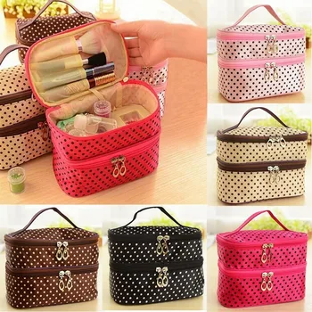 

Junejour Two Layers Women Make Up Tool Case Portable Cosmetic Storage Bags Small Spots Double Layer Makeup Toiletries Travel Bag
