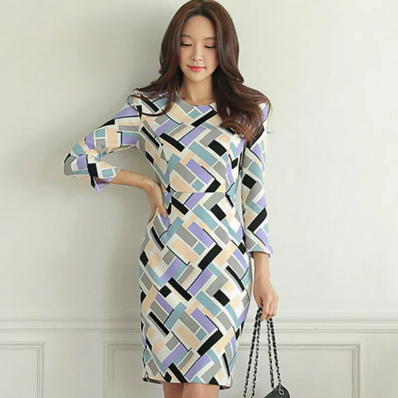 

Autumn Pencil Geometry Print 3/4 Sleeve Women Bodycon Pencil Office Lady Dress
