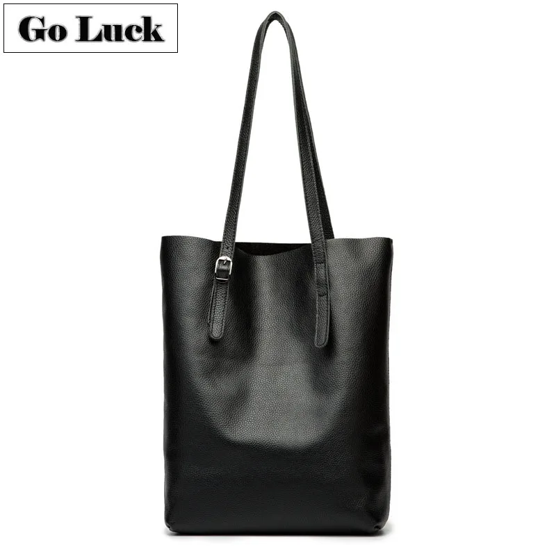 

GO-LUCK Brand Black Soft Genuine Leather Composite Totes Top-handle Handbag Woman Single Shoulder Bag Classic Travel Shop Pack