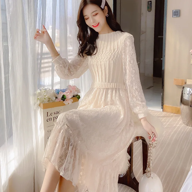 

2019 Sweet Elegant Knitted Joint Lace Dress Women's Flounced over-the-Knee Ladies' Dress