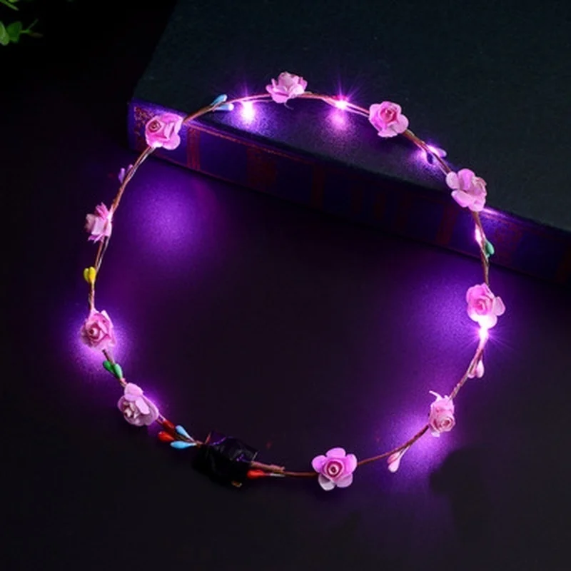 Вечерние светящиеся венки красочные корона цветок ободок Девушки Женщины светодиодный светильник на волосы венок лента для волос гирлянды подарки - Цвет: Розовый