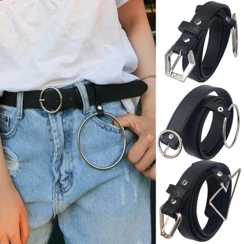 

Metalowy Pasek Do Spodni Women Waist Belt Women's Big Ring Decorated Belts Female Gold Pin Buckle Solid Punk PU Leather Strap