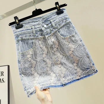 

Ripped Jean Skirts Womans Tassled Chain Handmade Diamond Lace Stitching Denim Skirts Female 2020 New Style A- Line Hip Skirt