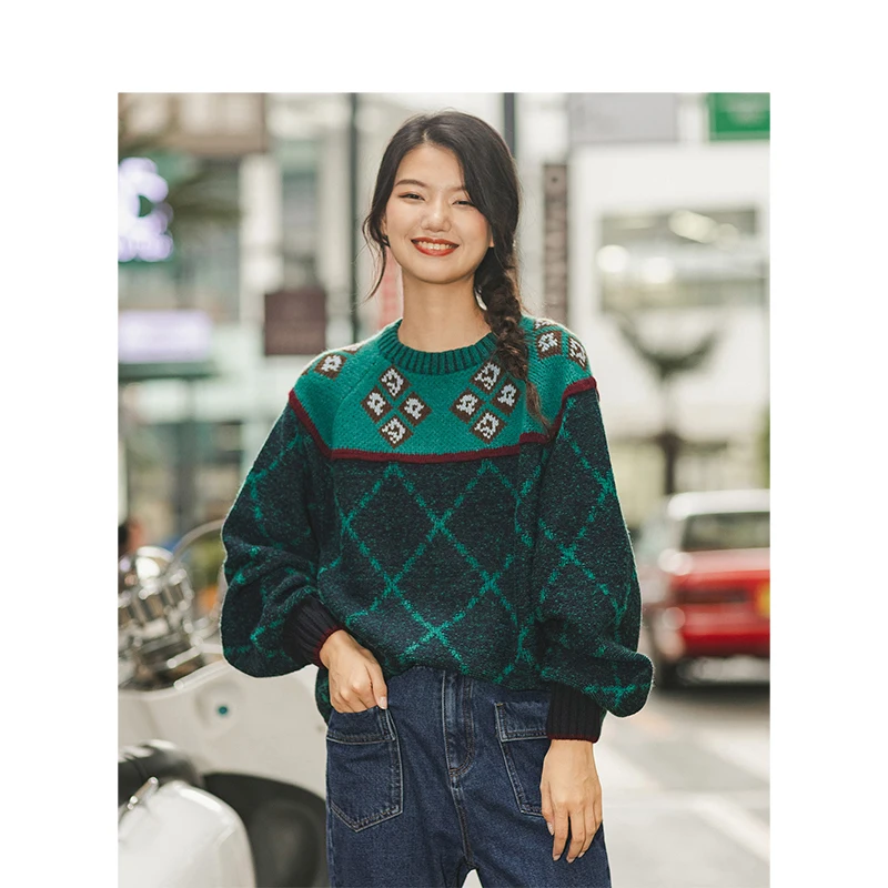 INMAN Winter New Arrival Literary O-neck Jacquard Contrast Color Thick Loose Women Pullover