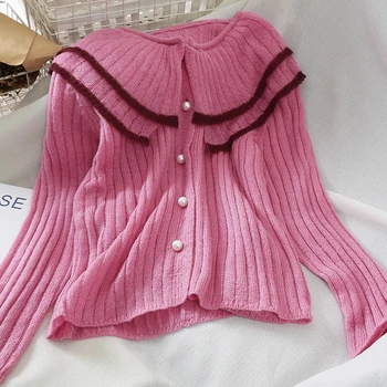 

Korean Cute Women Mohair Cardigans Sweet Firls Peter Pan Collar Sweaters Female Pink Knitted Cardigans