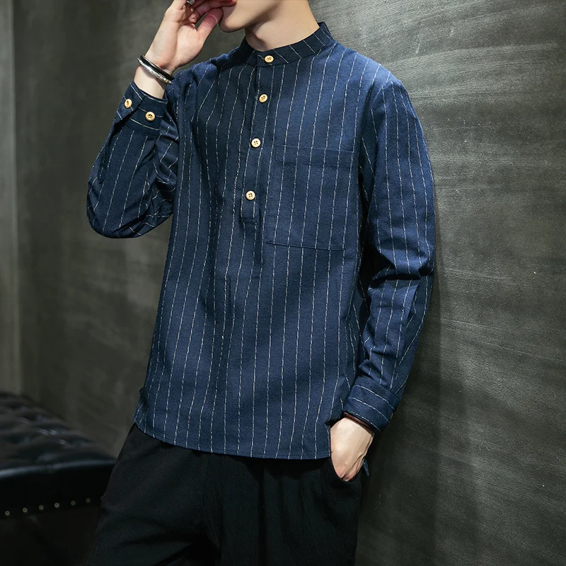

2020 Summer Men's Hawaiian Shirt Tops Fashion Strip Print Long Sleeve Collarless Linen Streetwear Shirt Men Top Chemise Homme