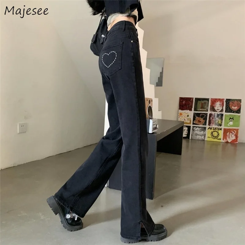 

Jeans Women Autumn Heart-embroidery Student Trousers Retro Streetwear Ulzzang All-match Leisure Prevalent Full Length Side-slit
