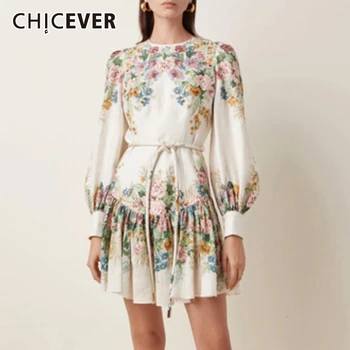 

CHICEVER Pleated Print Dress For Female O Neck Lantern Long Sleeve High Waist Lace Up Causal Dresses Women Fashion Clothing