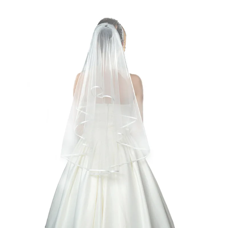 

Bridal Veil short Single-layer Satin Cloth Edging Round Wedding Dress Headdress 1.5m White & Beige
