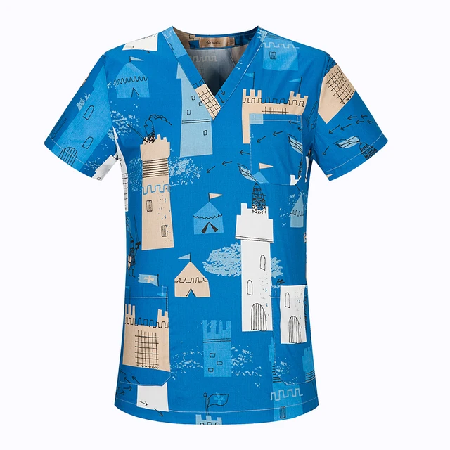 viaoli Cotton Cartoon print spa uniform beauty salon Pet shop uniform Fashion Slim Fit top scrub clothes women scrubs lab coat top520003