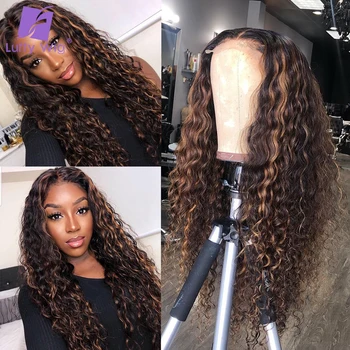 

Highlight Wavy 13X6 Lace Front Human Hair Wigs Ombre Brazilian Remy Hair 4x4 Lace Closure Wigs 180% Density Pre plucked Luffy