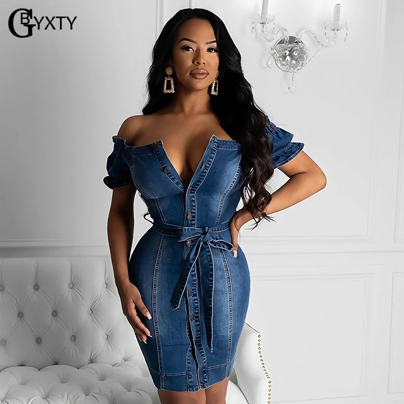 GBYXTY Club Party Off Shoulder Skinny Sashes Denim Dress Vestidos Women Summer Short Sleeve Single Breasted Jeans ZL678 | Женская одежда