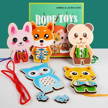 

Baby Wooden DIY Fruit Animal Traffic Puzzle Lacing Card Cartoon Animal wooden Rope game Handwork for children Education Kids Toy