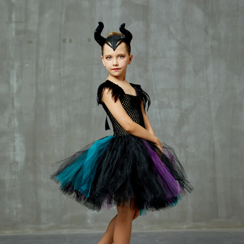 Girls Maleficent Evil Queen Costume Halloween Cosplay Witch Fancy Tulle Tutu Dress with Horns Kids Birthday Party Clothing