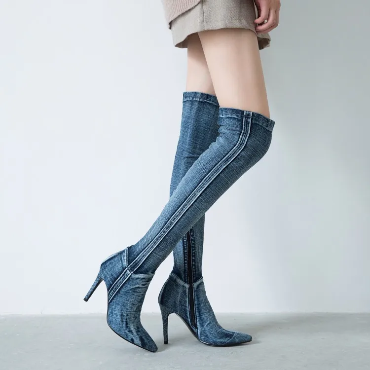 Womens Denim Jeans Over The Knee Thigh& Ankle Boots Stilettos High Heel Pointed Toe Side Zipper Shoes Punk Motorcycle New