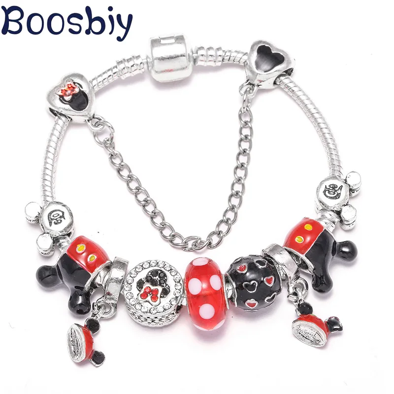 Boosbiy/очаровательные браслеты со стразами в мультяшном стиле, браслет с бусинами Микки и Минни, Femme Fit, оригинальные брендовые браслеты для детей, подарок