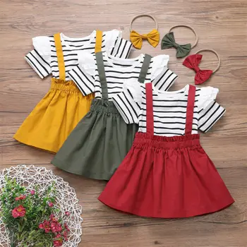 

2020 Summer Toddler Kid Baby Girl Clothes Set Short Sleeve Striped Ruffle Top T-shirt Strap Skirt Headwear Outfit 3Pcs Costume
