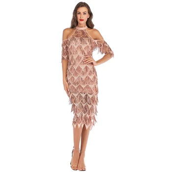 

Women Elegant Sequined Evening Party Dress Formal Vestidos Mesh Runway Bodycon Dress Sexy Night Club Tassels Fringe Dress
