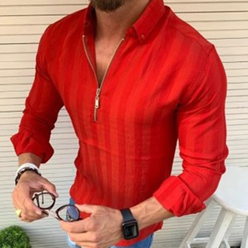 Camisas a rayas de manga larga para hombre, ropa de calle con cremallera y cuello de solapa, ropa de calle, Camisa elegante para hombre, camisas de talla grande 2021