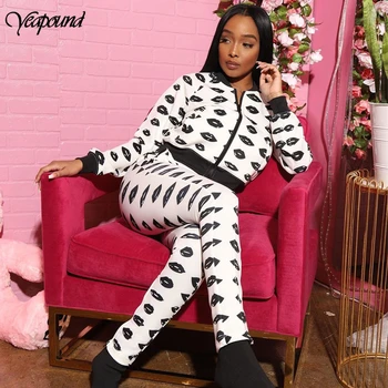 

Fashion Two Piece Set Jogging Femme Zipper Jacket + Pants Suit Print Women Outfits Clothes Tops +Pants 2 Pieces