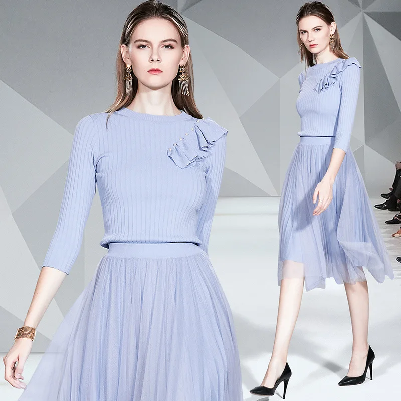 

Ozhouzhan 2019 Autumn Flounced Sweater Sweater Gauze Pleated Skirt Slimming Two-Piece Set