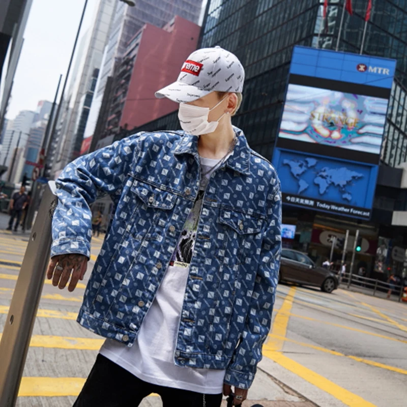 Новинка, Мужская джинсовая куртка в клетку с цветным рисунком, модная Свободная куртка с отворотом, Harajuku Veste Homme, ветровка в стиле хип-хоп, куртка-бомбер