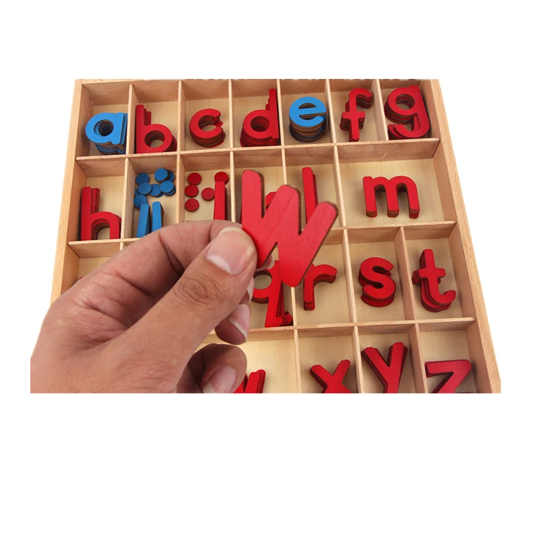 Montessori Early Educational Toys Wood Mobile Alphabet Box English Blue/ Red Letters Pieces Preschool Teaching Aids Activities 4