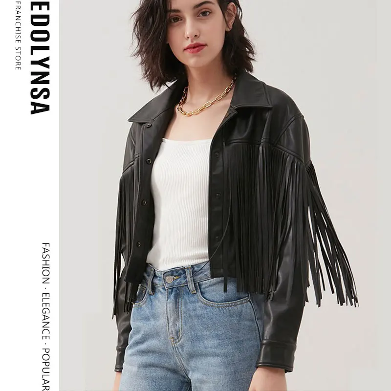 

High Quality Tassel Jacket Biker Jacket Short PU Leather Jacket 2020 Ladies Solid Fringed Short Coat Women Jackets Trends Y71